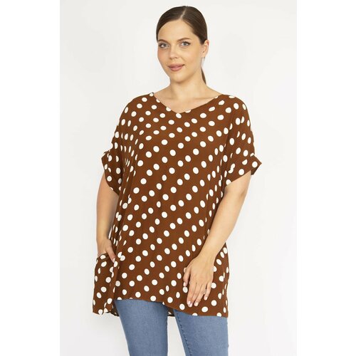 Şans Women's Brown Plus Size Woven Viscose Fabric Point Patterned Double Sleeve Side Pockets Blouse Slike