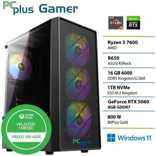 PCPLUS Gaming namizni računalnik PCPLUS Gamer, R5 7600 16 GB RAM, 1 TB SSD, RTX 5060 8 GB, W11H + Xbox GP, (5000005398) Cene