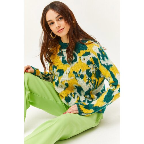 Olalook Women's Yellow-Green Patterned Soft Textured Knitwear Sweater Cene
