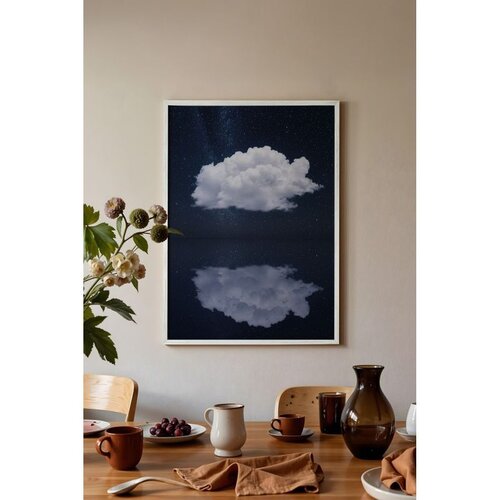Wallxpert uramljena slika 115203, beli oblak i njegov odraz pod noćnim nebom, 50 x 70 cm, beli ram Slike