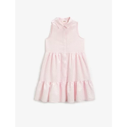 Koton Girls' Midi Dress, Sleeveless with a Shirt Collar Tiered and Buttoned.