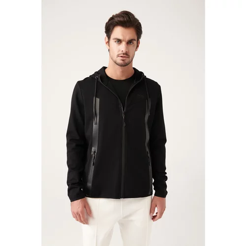Avva Men's Black Interlock Fabric Hooded Collar Zipper Printed Standard Fit Regular Fit Sweatshirt