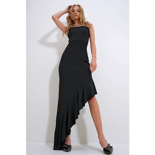 Trend Alaçatı Stili Women's Black Adjustable Strap Skirt Flywheel Asymmetrical Cut Dress