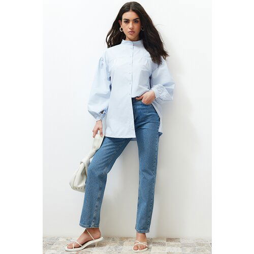 Trendyol Light Blue Ruffle Detailed Cotton Basic Woven Shirt Cene