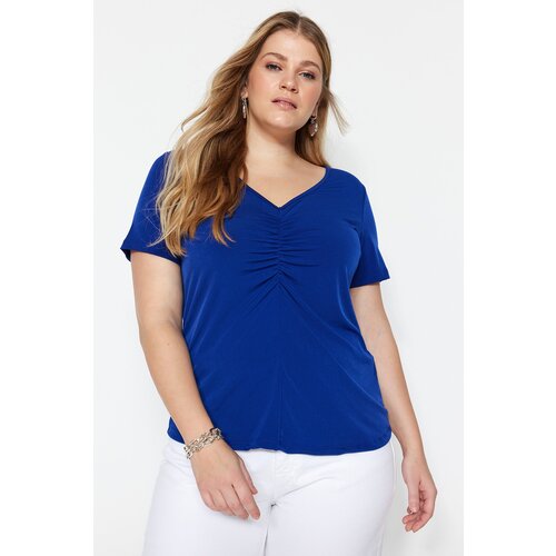 Trendyol Curve Sax Gathered Short Sleeve Knitted Blouse Slike