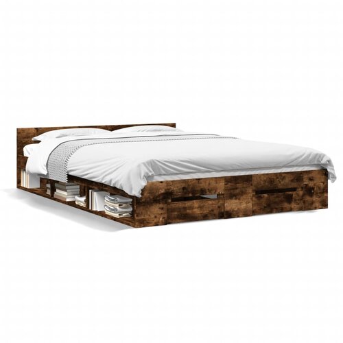 Maison Chic Posteljni okvir - Dvoposteljna postelja - Zakonska postelja s predali dimljen hrast 120x200 cm inž. les, (21695227) Slike