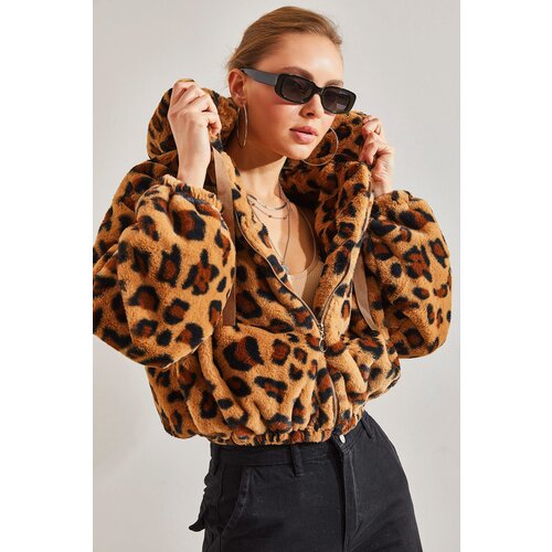 Bianco Lucci Women's Leopard Patterned Zippered Plush Coat Slike