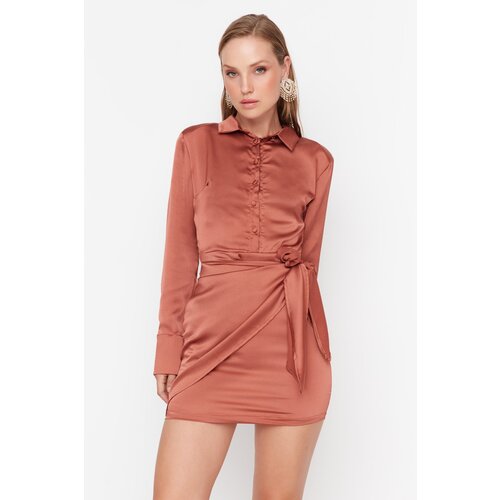 Trendyol Cinnamon Tie Detailed Satin Dress Slike