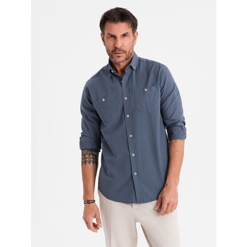 Ombre Men&amp;#039;s linen shirt with classic collar and pockets REGULAR FIT - blue Slike