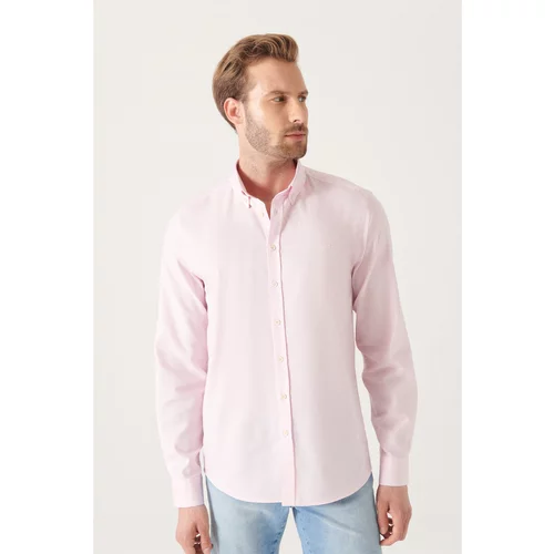Avva Men's Light Pink Oxford 100% Cotton Buttoned Collar Standard Fit Regular Fit Shirt