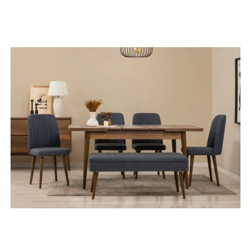 Hanah home vina 03 1048 walnut dark blue (produžni trpezarijski sto, stolice i konzola set (7 komada) Slike