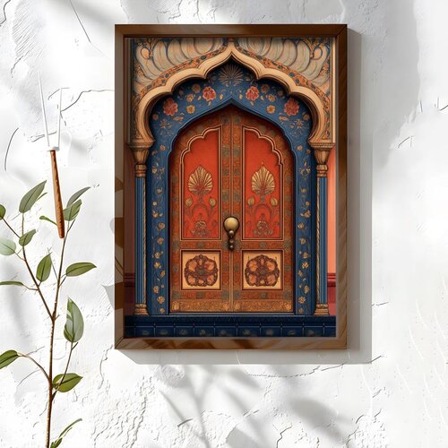 Wallxpert uramljena MDF slika NAL045-46, crvena vrata sa zlatnim ornamentima u plavom orijentalnom luku, 35,5 x 47 cm Cene