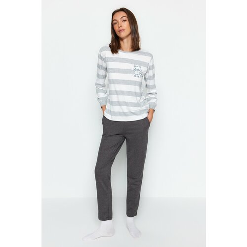 Trendyol Gray Striped Animal Print Tshirt-Pants and Knitted Pajamas Set Cene