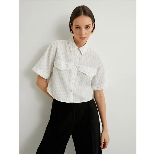  Crop Shirt Short Sleeve Pocket Detailed Buttoned Linen Blend