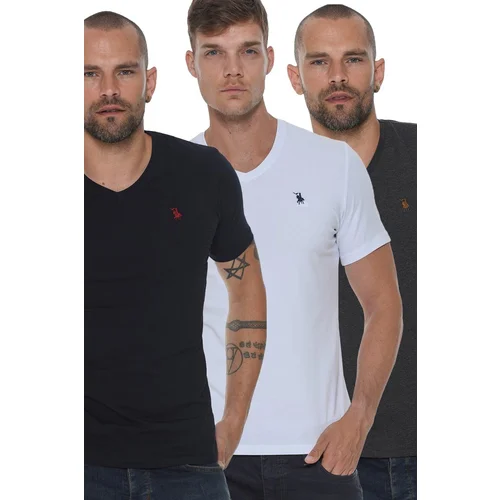 Dewberry TRIPLE SET T8568 V-NECK MEN'S T-SHIRT-ANTHRACITE-WHITE-NAVY BLUE