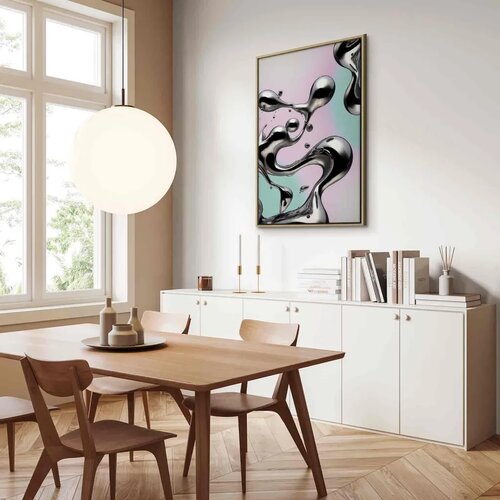  Slika - Metallic Fluidity - Abstract Silver Forms on a Mint-Purple Background 40x60 Cene