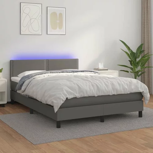  Box spring postelja z vzmetnico LED siva 140x190cm umetno usnje