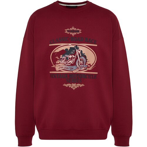 Trendyol Claret Red Men's Oversize/Wide Cut Motorcycle Printed Fleece Inner Sweatshirt Slike