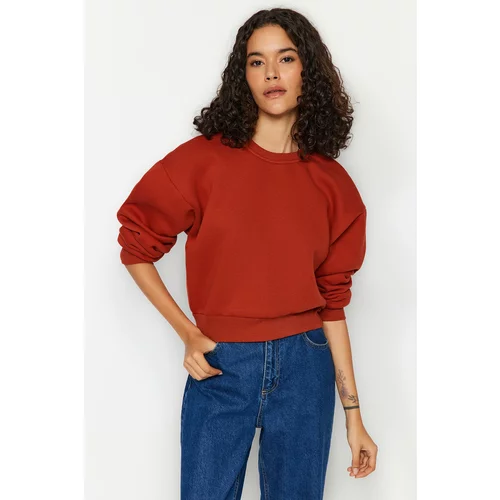Trendyol Tile Comfortable Cut Crop Basic Crew Neck Thick Fleece Inside Knitted Sweatshirt