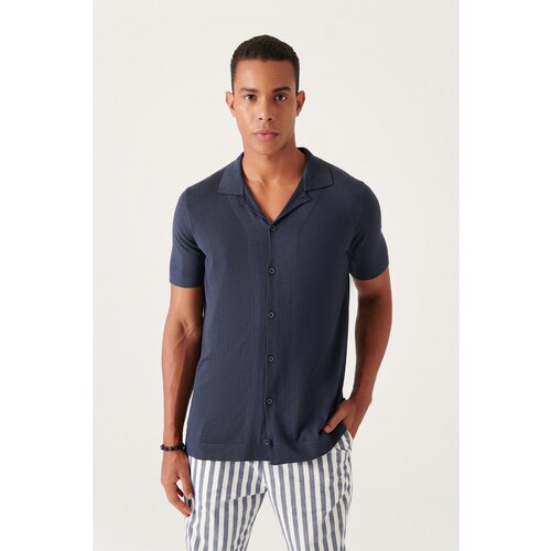 Avva Men's Navy Blue Cuban Collar Buttoned Standard Fit Normal Cut Knitwear T-shirt Slike