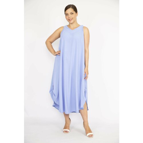 Şans Women's Baby Blue Plus Size Aerobin Fabric Hem, Epaulette Epaulette, Sleeveless Long Dress Cene