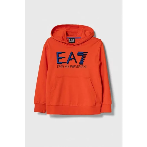 Ea7 Emporio Armani Otroški bombažen pulover oranžna barva, s kapuco