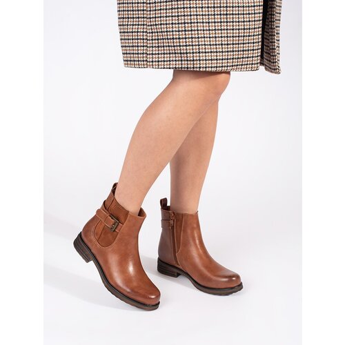 Shelvt Brown women's ankle boots with a low-heeled buckle Cene