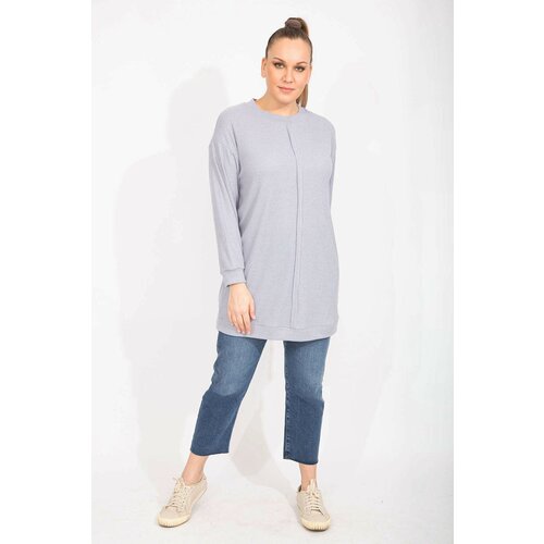 Şans Women's Plus Size Gray Camisole Fabric Front Stitch Detail Long Tunic Slike