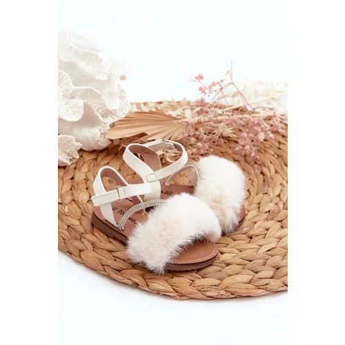 FR1 Children's Velcro Sandals with Fur White Rosavere