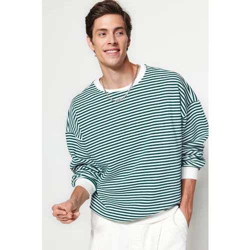 Trendyol Green Men's Oversize Striped Sweatshirt with a Soft Pile Interior.