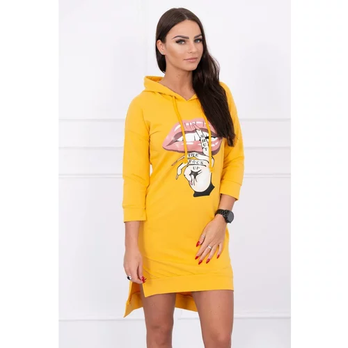 Kesi Dress with longer back and colorful print mustard