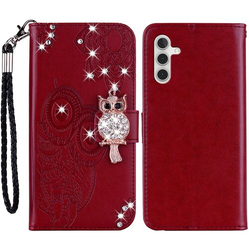 INORCO Za Samsung Galaxy A34 5G Rhinestone PU usnjeno stojalo, denarnica, ovitek za telefon z vtisnjeno rožo sove, ovitek za telefon, (22034552) Slike