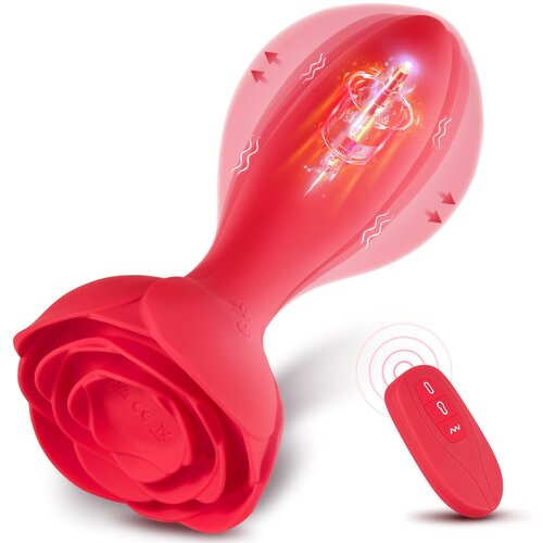 SuperLove Inflatable Rose Vibrating Butt Plug with Remote Red Cene