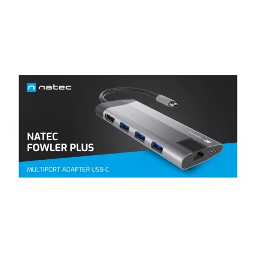 Natec FOWLER PLUS, USB Type-C 6-in-1 Multi-port Adapter (USB3.0 Hub + HDMI + PD + SD/MicroSD card reader + Gigabit LAN), Max. Output 100W, Grey Cene