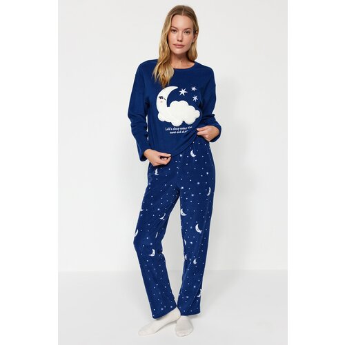 Trendyol Navy Blue Galaxy Pattern Fleece Tshirt-Pants and Knitted Pajamas Set Slike