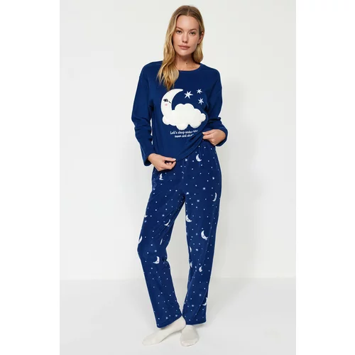 Trendyol Navy Blue Galaxy Pattern Fleece Tshirt-Pants and Knitted Pajamas Set