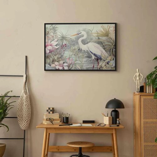  Slika - Heron wading in a pond - illustration in bright colours 60x40 U crnom drvenom okviru Slike