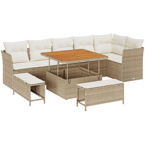 VidaXL 9-dijelni vrtni sofa set s jastučićima bež poli rattan akacija, 3-dijelni vrtni blagovaonski set s jastučićima bež poli rattan akacija Slike