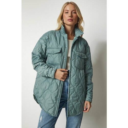 Happiness İstanbul Women's Aqua Green Oversized Quilted Coat with Snap fastener Slike