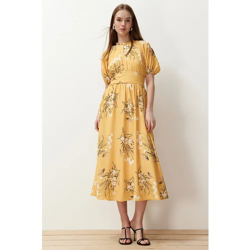 Trendyol Mustard Balloon Sleeve Floral Long Dress