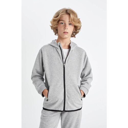 Defacto Boy Gray Hooded Zippered School Sweatshirt Slike