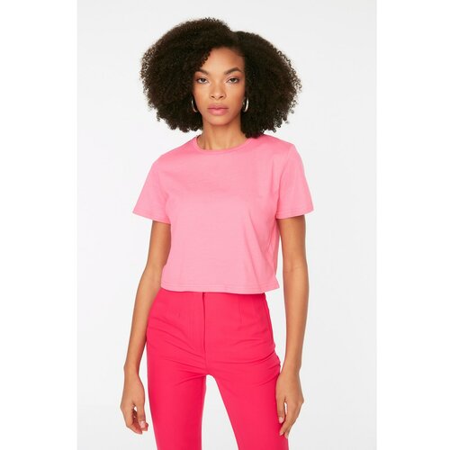 Trendyol Pink 100% Cotton Single Jersey Crew Neck Crop Knitted T-Shirt Slike