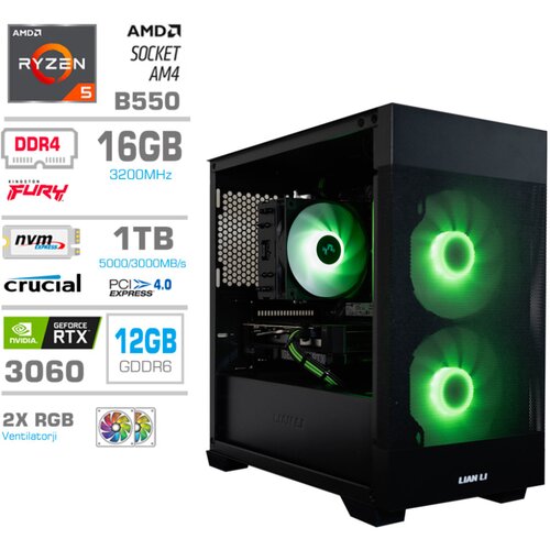 MEGA Računalnik MT S7X R5-5600X/RTX3060/16GB/1TB/1TB/-/750W/Brez OS/črna RGB + Estetski napajalni kabli [Zelena / Črna], (5000331207) Slike
