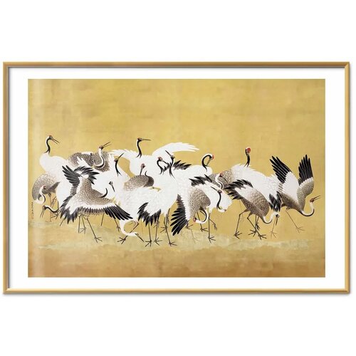  Plakat Japanese Cranes - a flock of birds against a golden background based on the painting of Ishida Yūtei 30x21 Zlatni okvir Slike