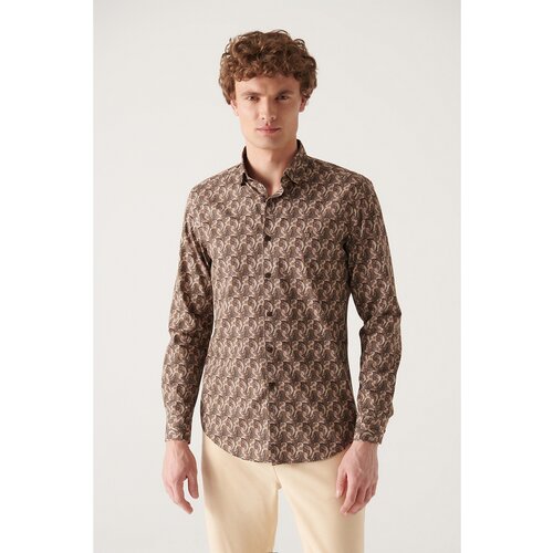 Avva Men's Brown Abstract Patterned 100% Cotton Slim Fit Slim Fit Shirt Slike