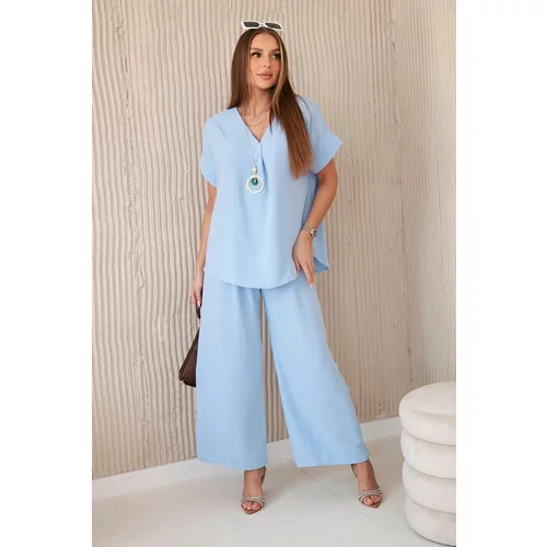 Kesi Women's Summer Set with Necklace Blouse + Trousers - Light Blue
