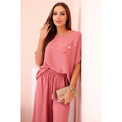 Kesi Włoski Women's viscose set with decorative flower and wide trousers - dark pink Cene
