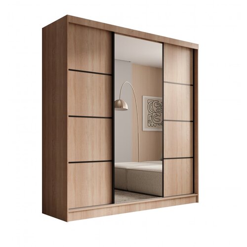 ADRK Klizni ormar Keri s tri vrata i ogledalom, 200 cm - SONOMA-CRNA Slike