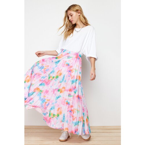 Trendyol Lilac Floral Pattern Pleated, Elastic Waist Woven Skirt Slike