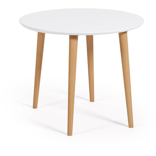 Kave Home Bela okrogla raztegljiva jedilna miza z belo mizno plo&amp;scaron;čo &amp;oslash; 90 cm Oqui &amp;ndash; Slike